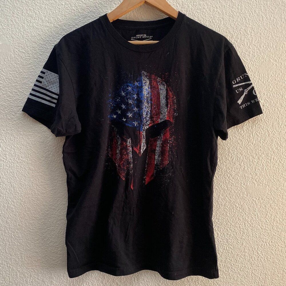 Grunt Style Warrior USA Flag Helmet Fighter Short Sleeve T-Shirt Medium